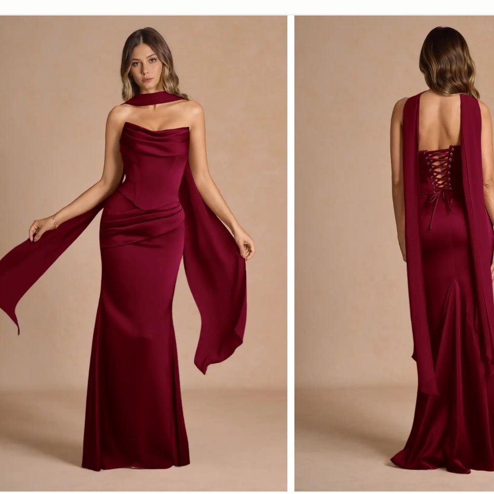 Azazie Two piece corset gown with neck scarf MERLOT color